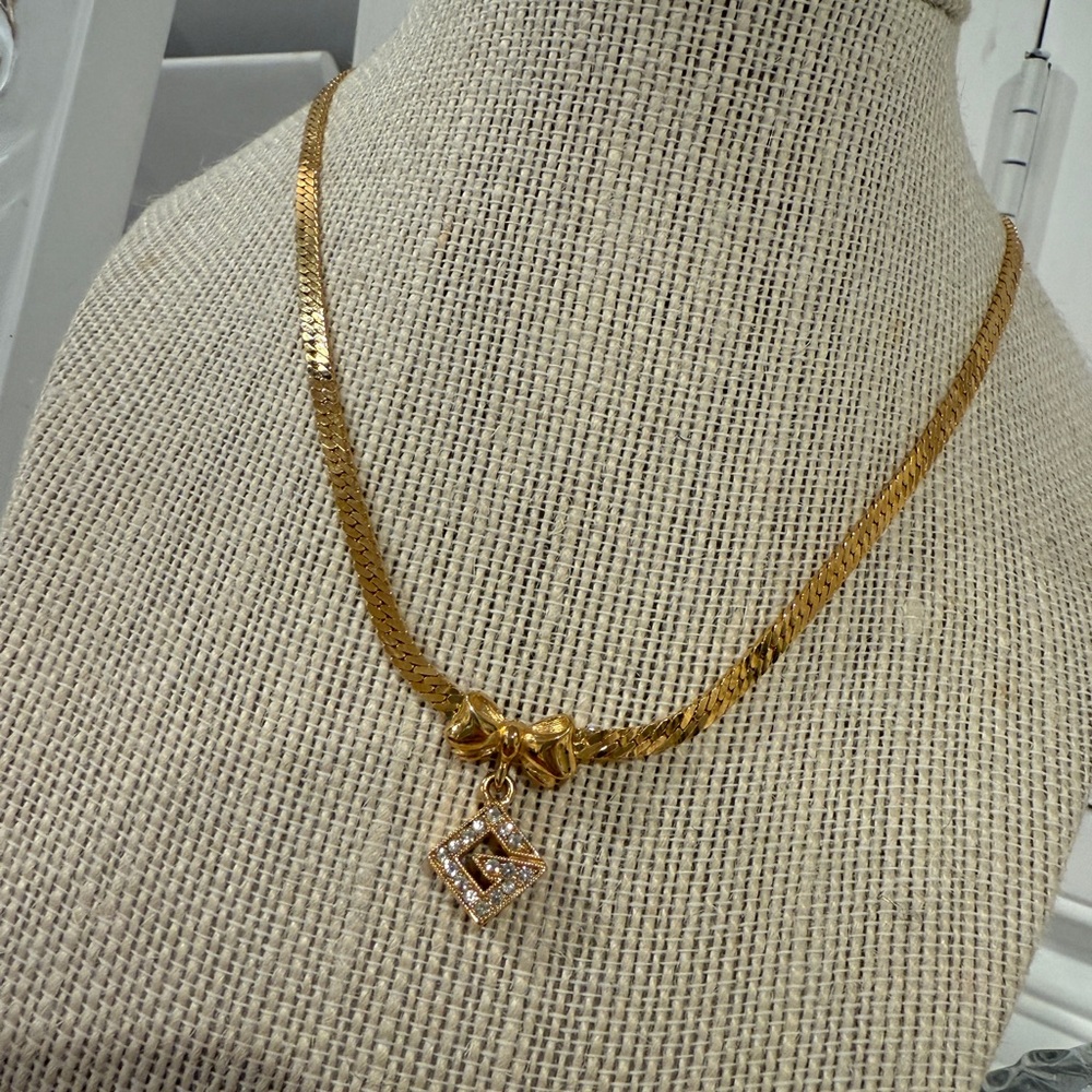 Givenchy Vintage Crystal G & Gold Bow Pendant Necklace